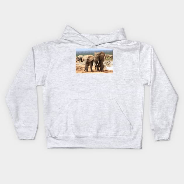 African Wildlife Photography Elephant Siblings Kids Hoodie by PathblazerStudios